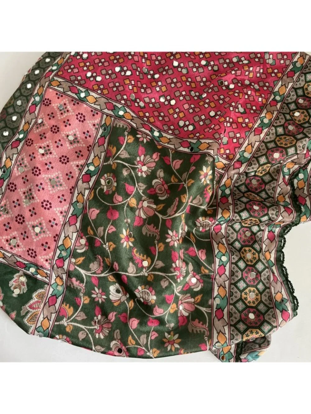 Gorgeous sage green pink mirror embroidered scarf 32x82 boho bohemian gypsy